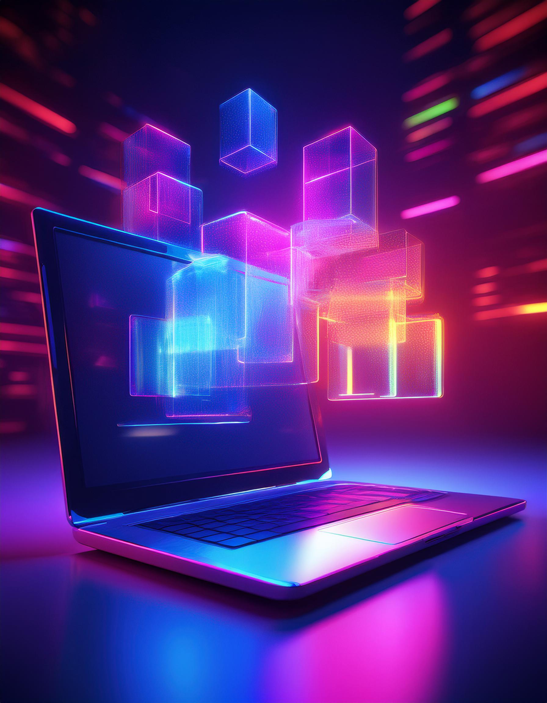 Desktop with floating windows in the foreground behind laptop