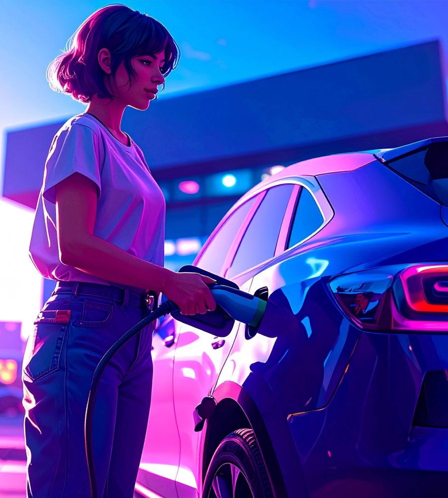 Woman charging electric car