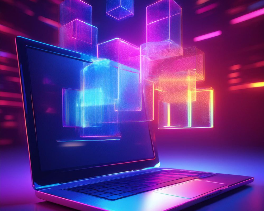 desktop with a laptop on it, floating windows in the foreground desktop with a laptop on it, floating windows in the foreground