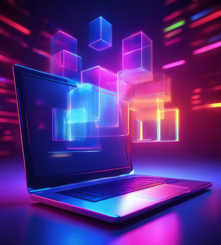 desktop with a laptop on it, floating windows in the foreground