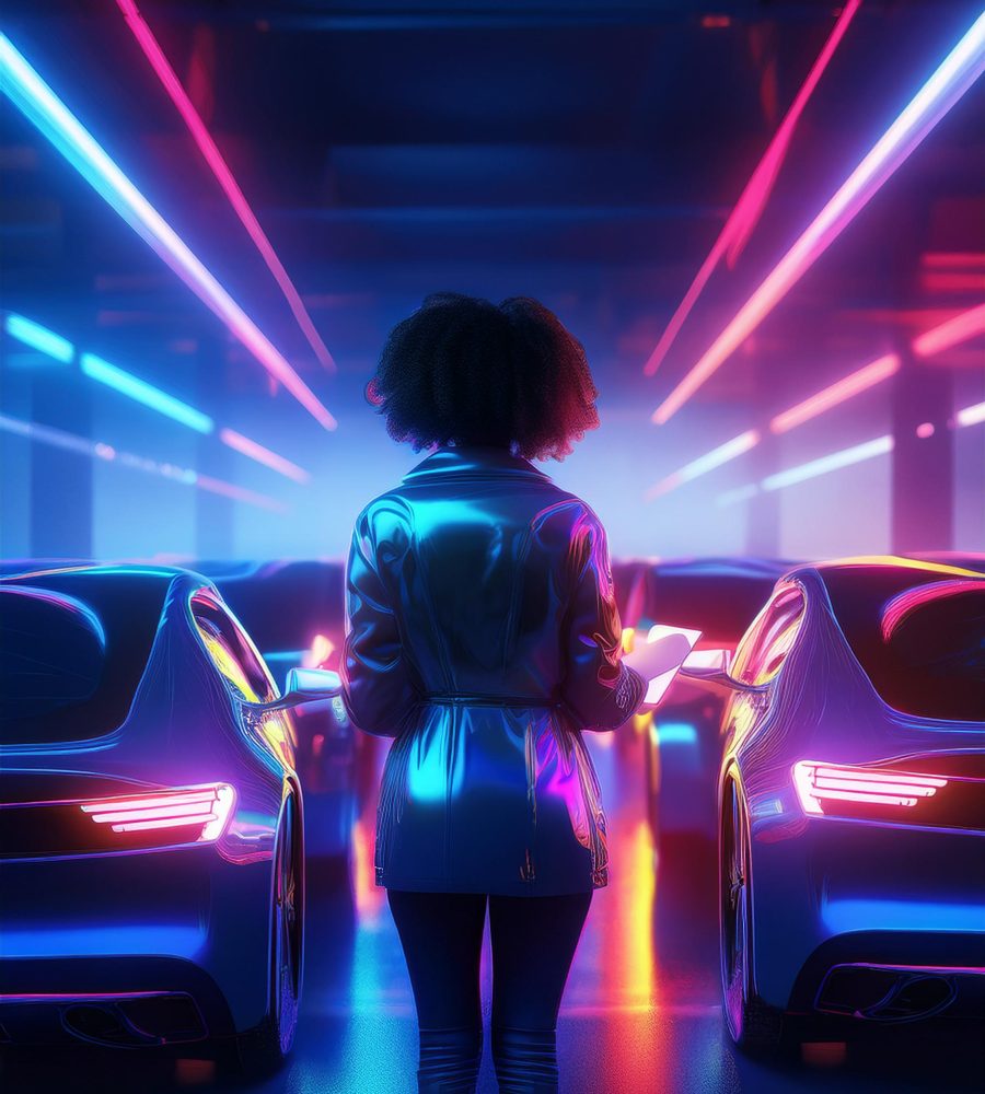 Futuristic cars in a car park a woman from behind with a tablet